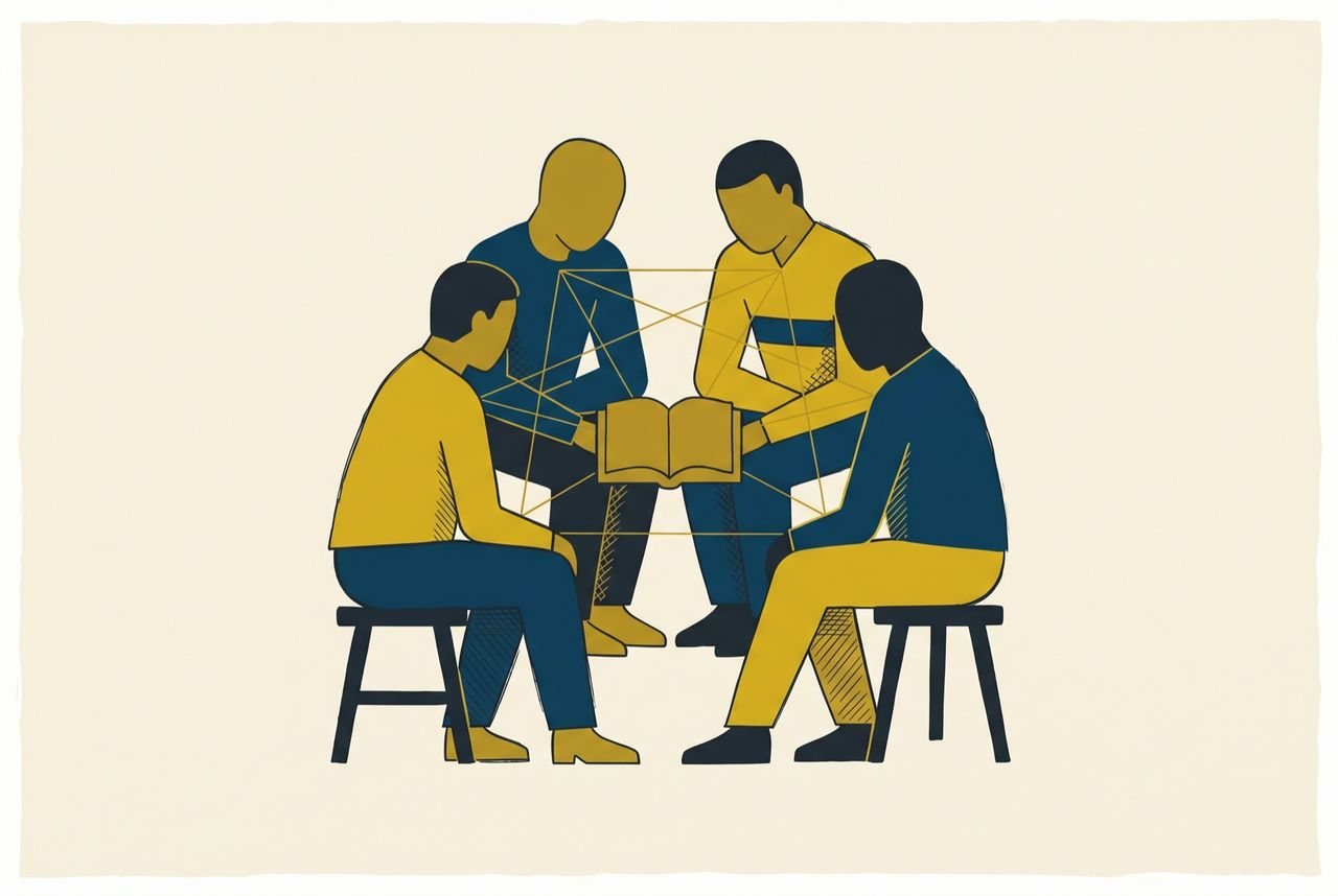 Illustration of four people in a tight group around an open Bible — accountability