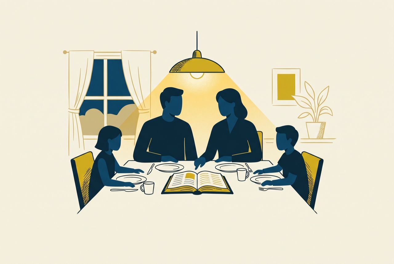 Illustration of a family gathered around the dinner table with an open Bible