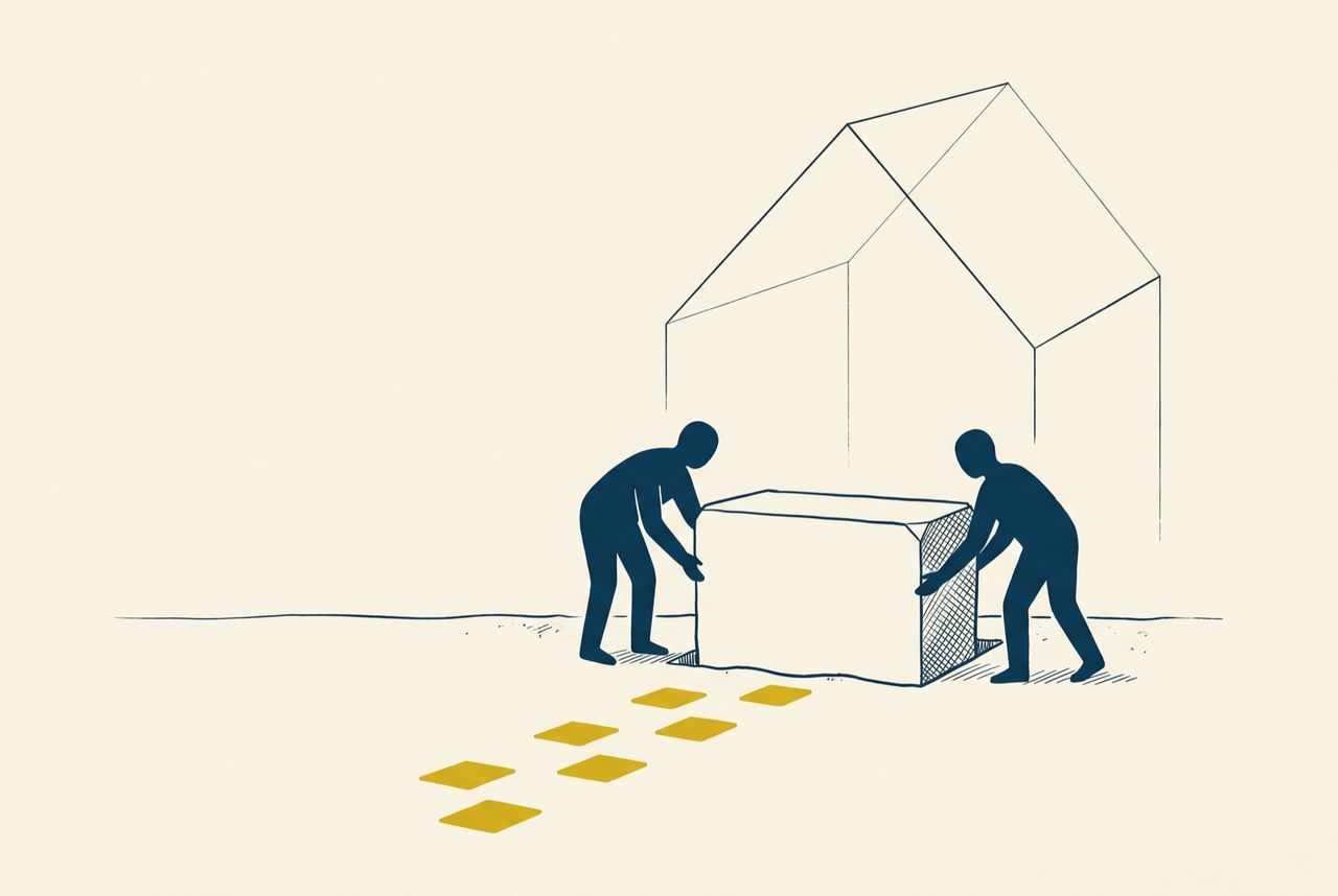 Illustration of a cornerstone being set — laying a foundation before building