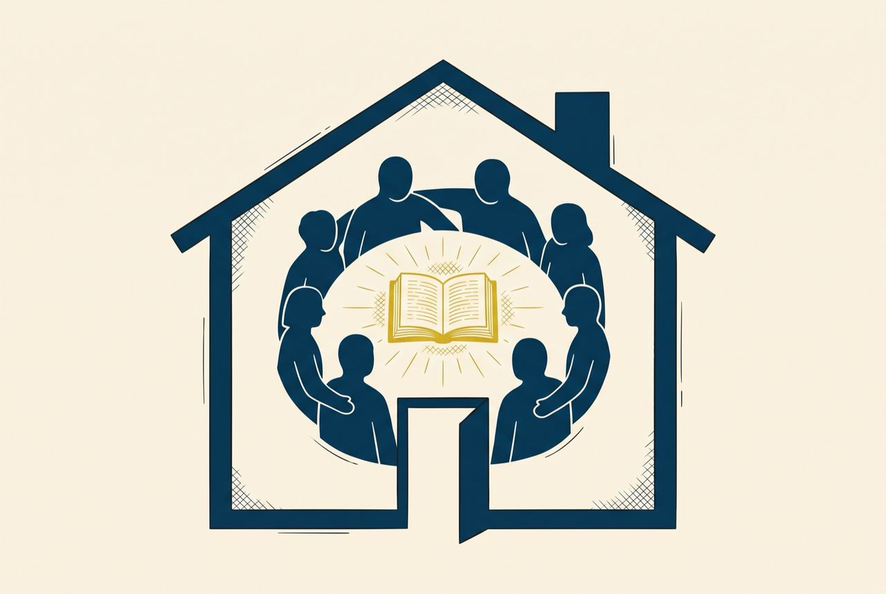Illustration of a small group gathered around an open Bible inside a home
