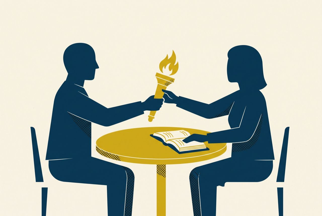 Illustration of two people in one-on-one mentoring with an open Bible