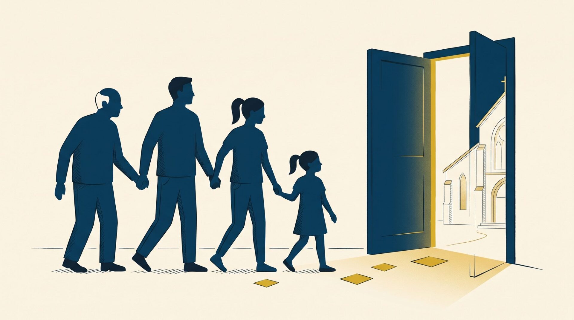 Illustration of a family walking hand in hand through an open door toward a lit church