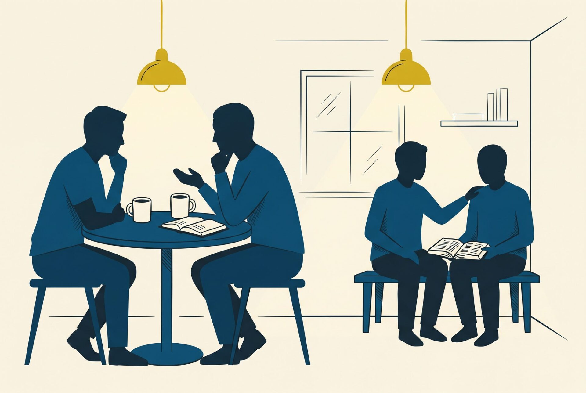 A small discipleship room with pairs sitting at a table and on a bench, open Bibles between them.