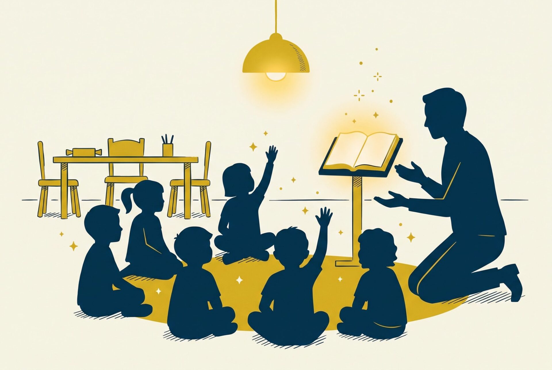 A children's ministry classroom with kids gathered around a teacher and an open book.