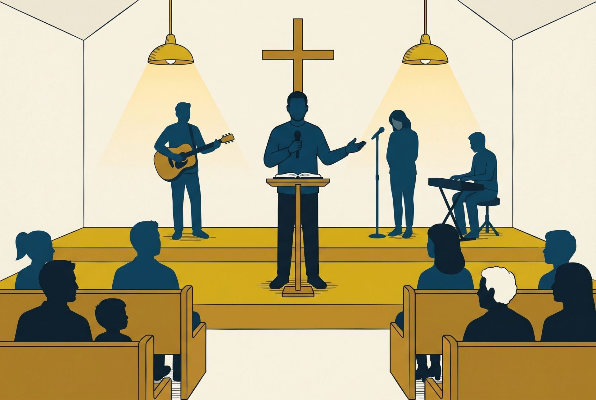 A small church sanctuary with a worship team on a wider stage, a centered cross, and a multi-generational congregation in pews.