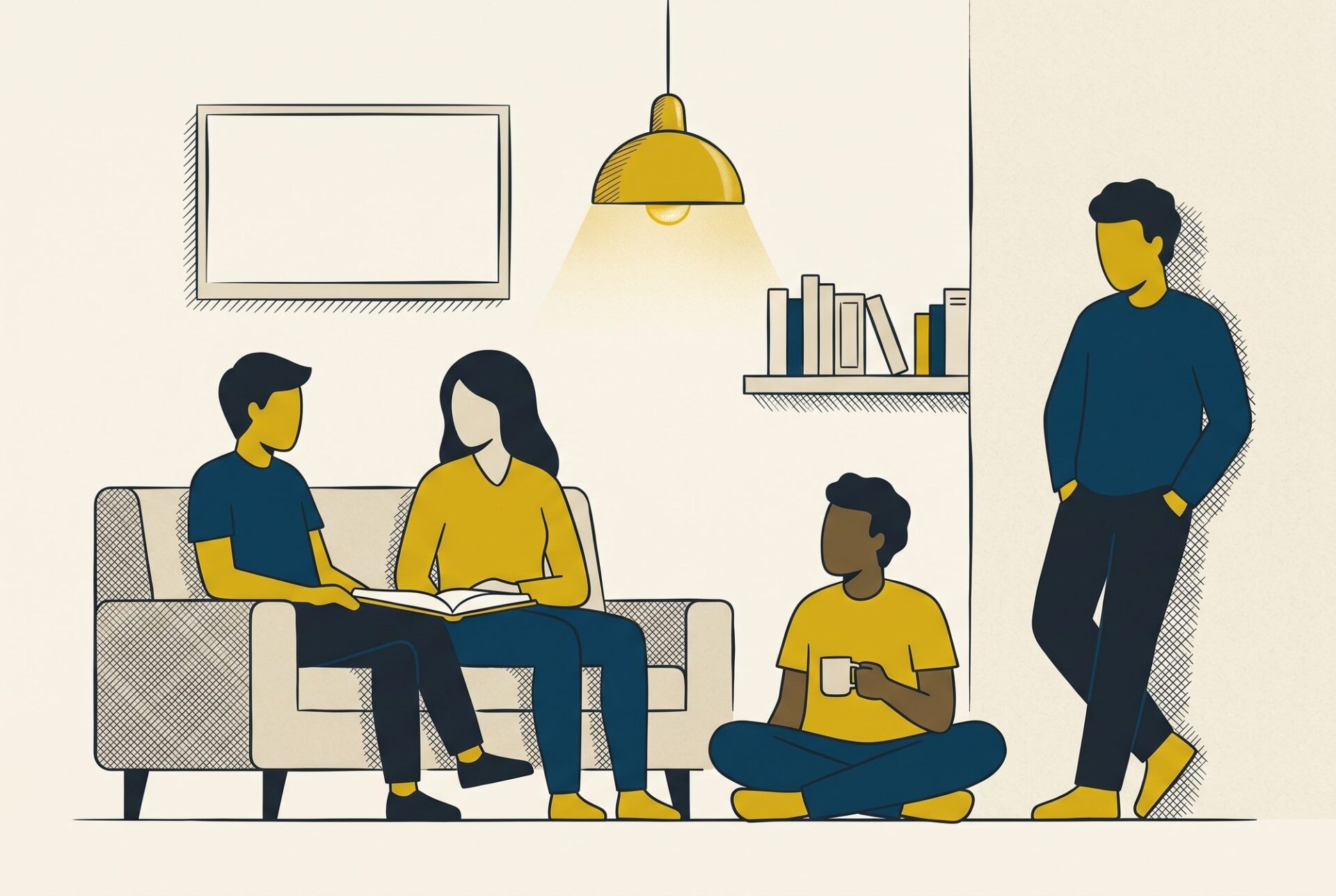 A youth space with teenagers in conversation around a couch and an open book.