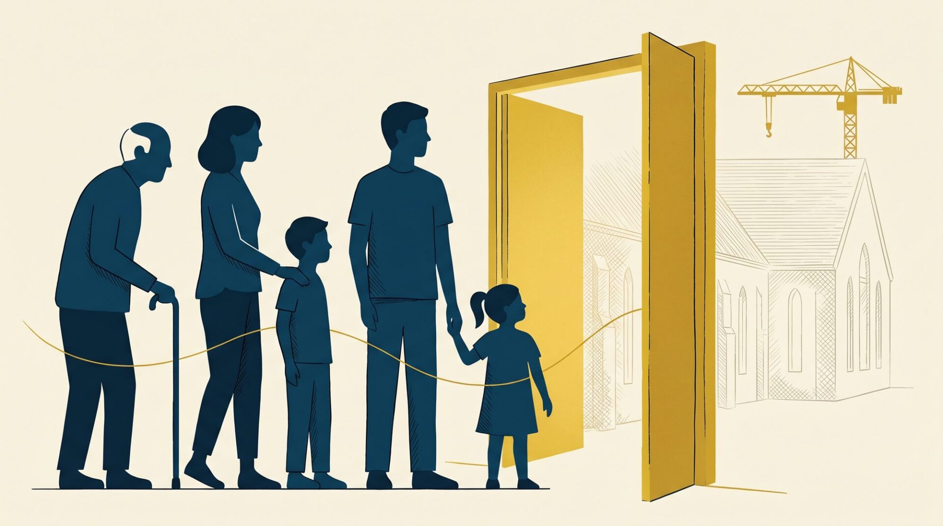 Illustration of three generations walking through an open door toward a church under construction