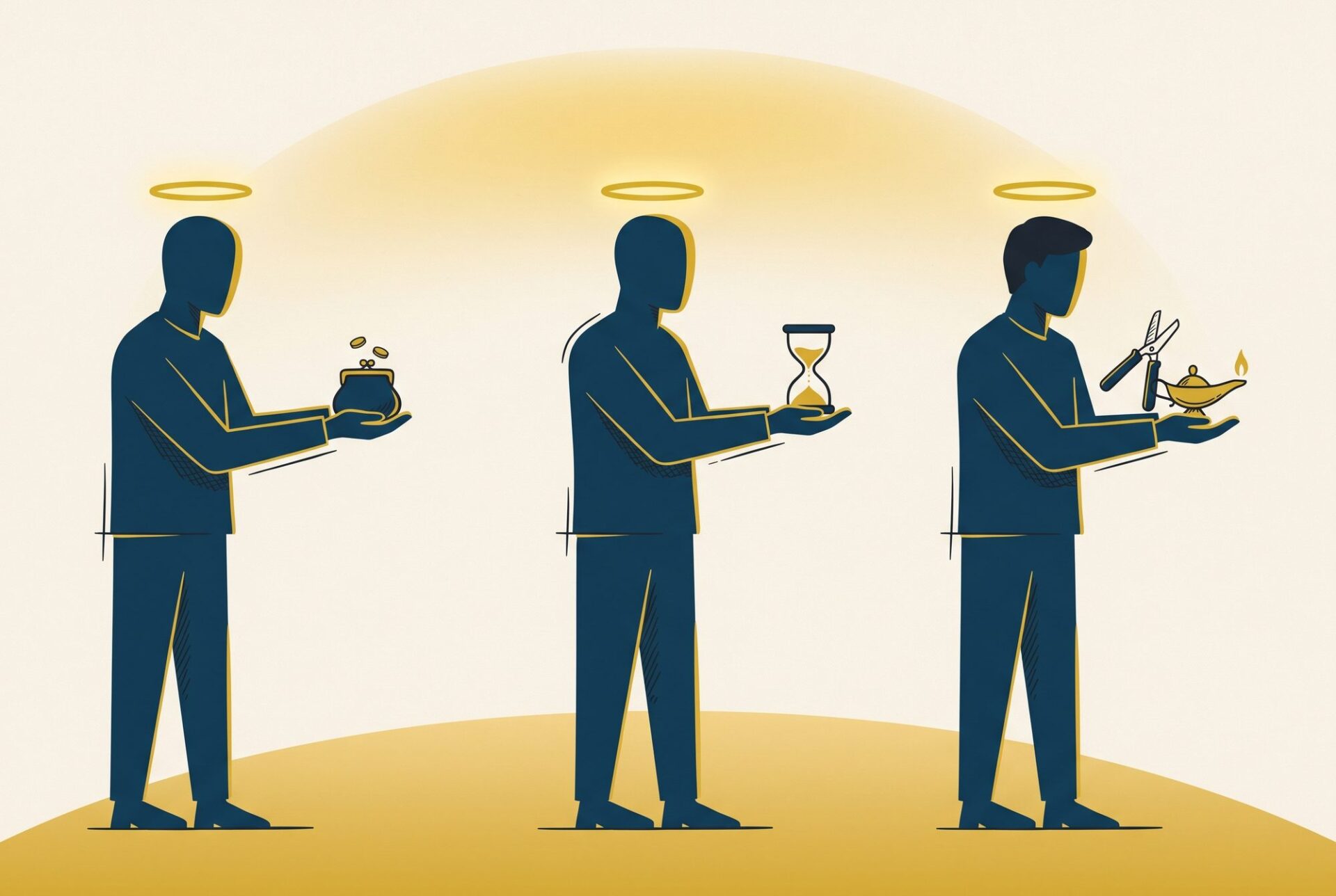 Three figures each offering a different gift — coin pouch, hourglass, and tools — beneath a single glowing arc of light.