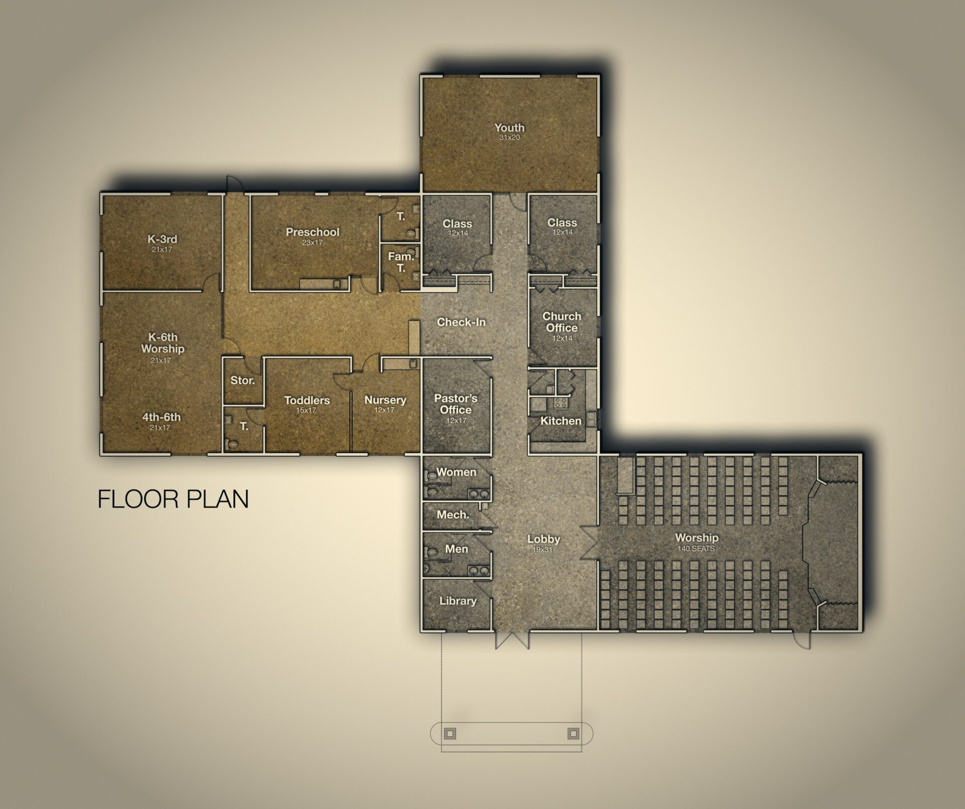Floor plan of the proposed Phase II expansion — new kids and youth wings attached to the existing L-shaped sanctuary.