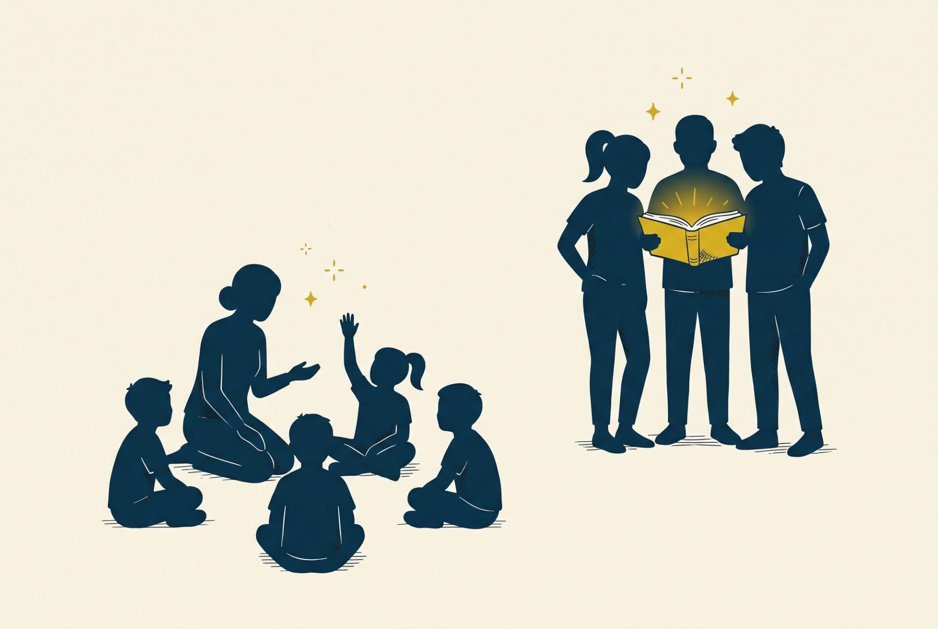 An adult teaching a circle of children, and three teenagers standing around an open book.