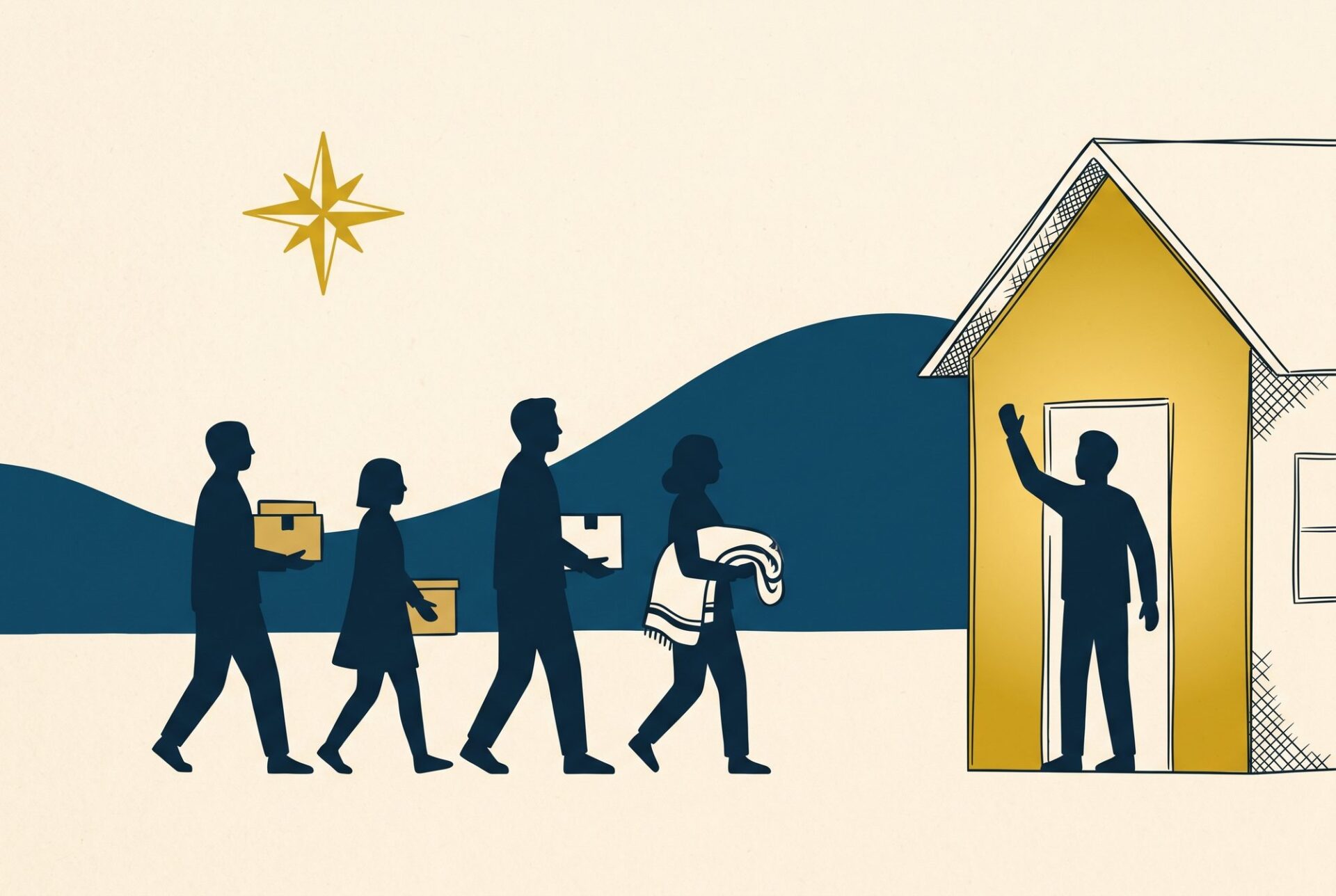 A small group walking with boxes and a blanket toward a house with someone waving from the doorway.