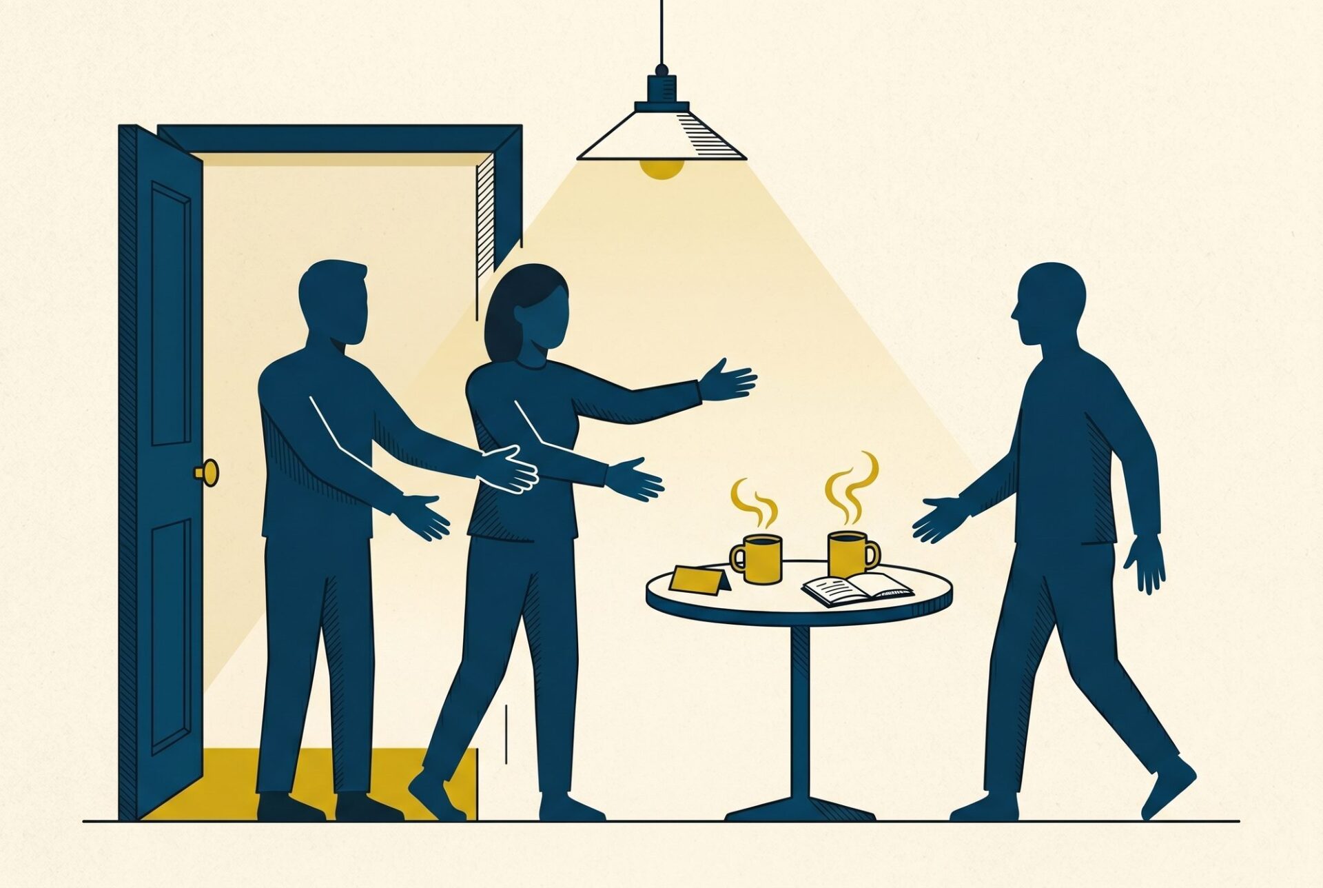 Two figures welcoming a third at an open door with coffee on a small table.