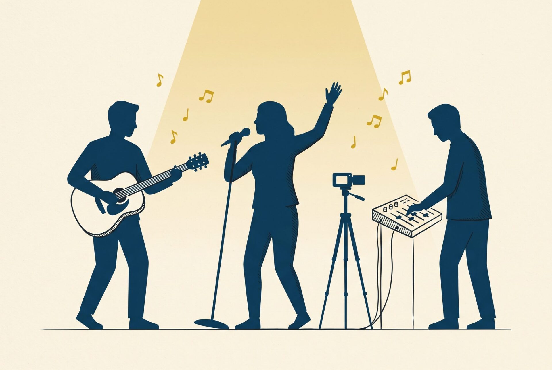 Three figures onstage — guitar, vocalist with raised hand, and sound tech at the board with a livestream camera.