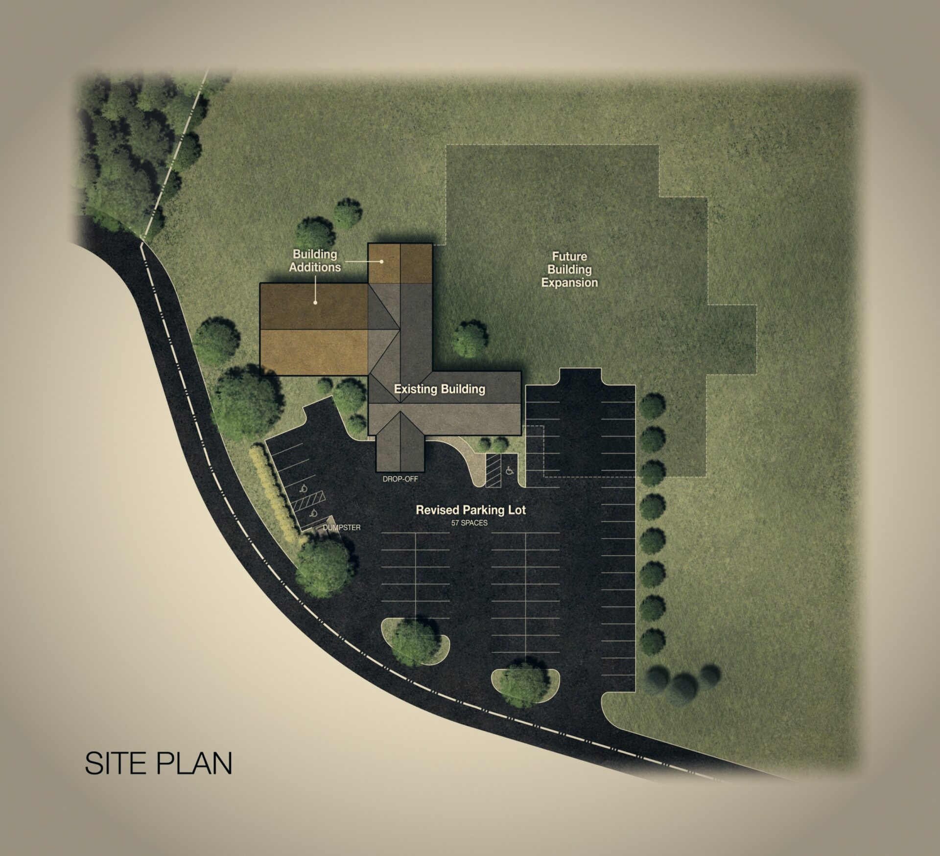 Site plan showing the reconfigured parking lot, drop-off, and outline of future Phase III expansion.