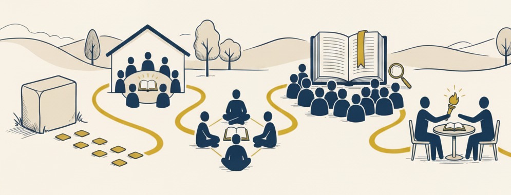 An illustrated overview of the AAC discipleship journey: a cornerstone leading into the four discipling relationships: Life Groups, D-Groups, Bible Studies, and Paul-Timothy