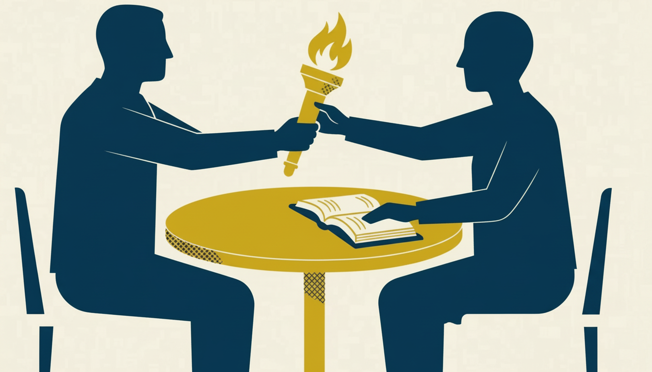 Illustration of two people of the same gender in one-on-one mentoring with an open Bible